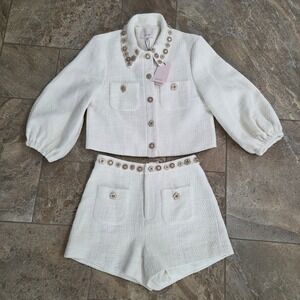 cinq a sept Ivory Tweed Cropped Jacket & Shorts Set with Embellished Buttons